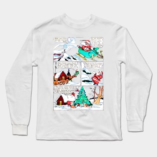 Santa Claus arrives in his sleigh with his reindeer friends to leave the gifts under the snow-filled Christmas tree Retro Vintage Comic Book Long Sleeve T-Shirt